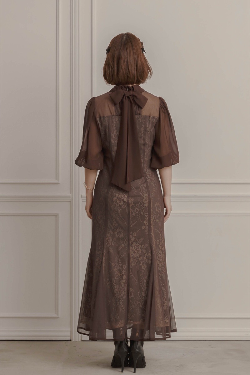 ブラウンのシアーパフスリーブドレスの商品画像4