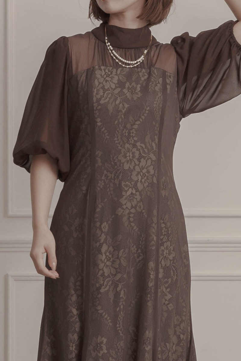 ブラウンのシアーパフスリーブドレスの商品画像5