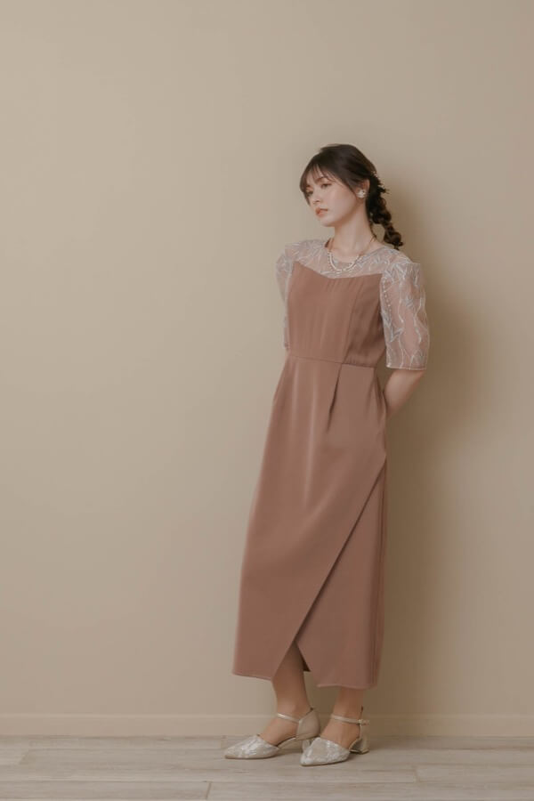 オレンジのリーフ刺繍ラップドレス | Dorry doll | M | A-2924