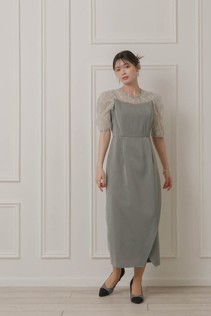 グリーンのリーフ刺繍ラップドレスの商品画像10