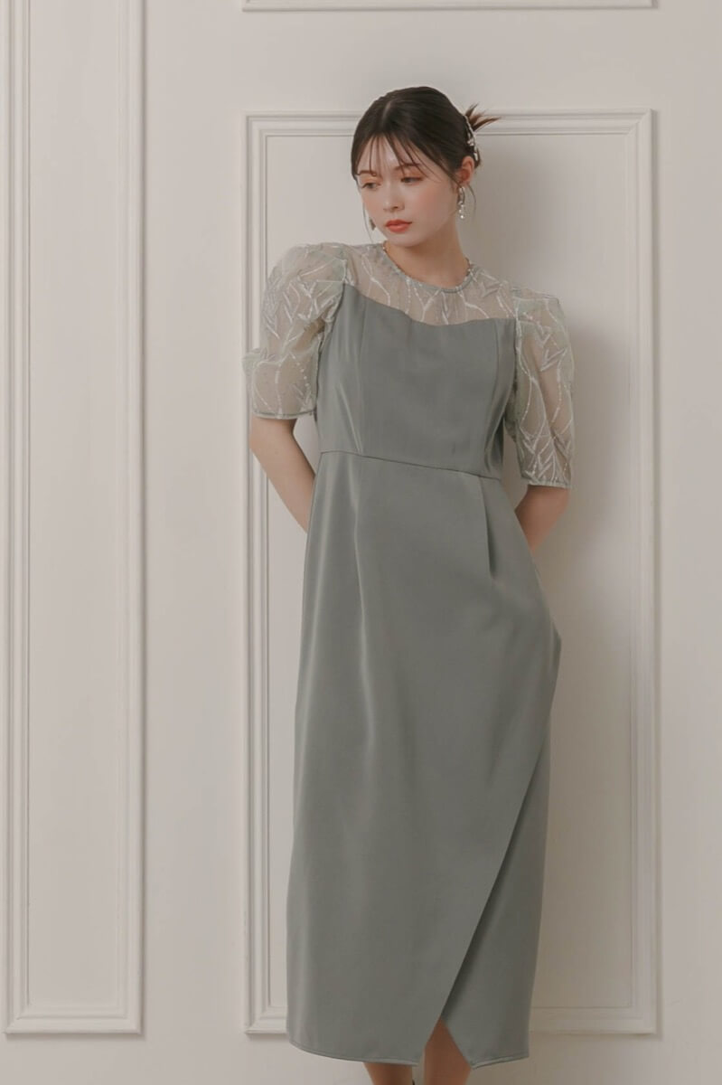 グリーンのリーフ刺繍ラップドレスの商品画像8