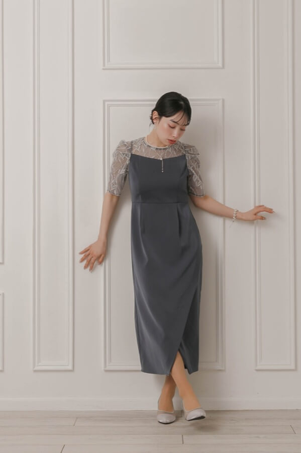 ネイビーのリーフ刺繍ラップドレス | Dorry doll | M | A-2926