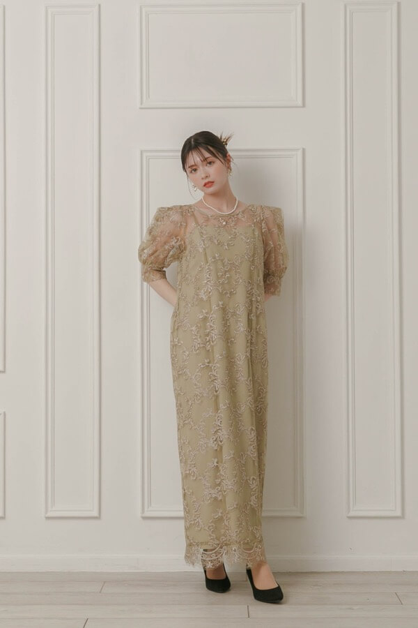 ベージュ×イエローのボックススリーブドレス | LE' RURE | M | A-2932