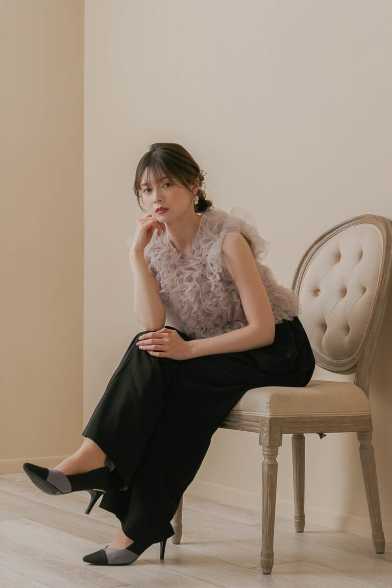 ブラックのチュールトップスセットパンツドレスの商品画像1