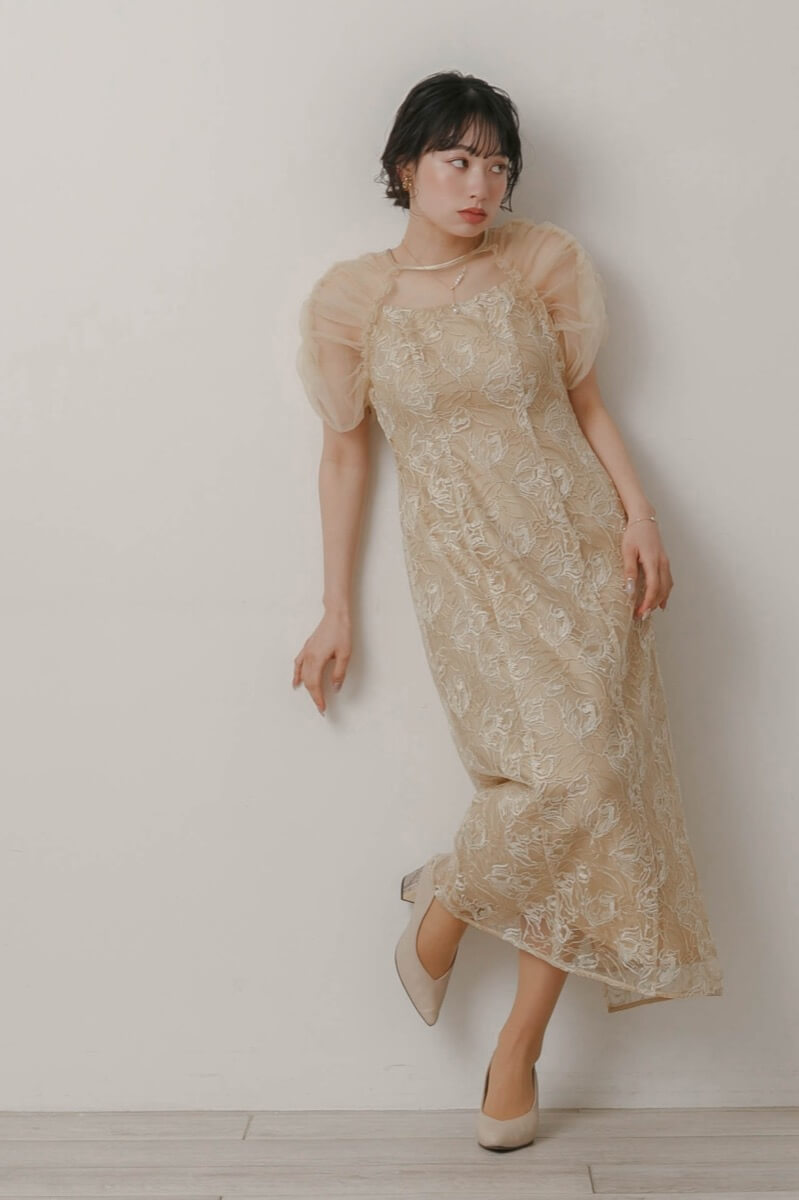 イエローのフラワーチュールギャザードレスの商品画像9