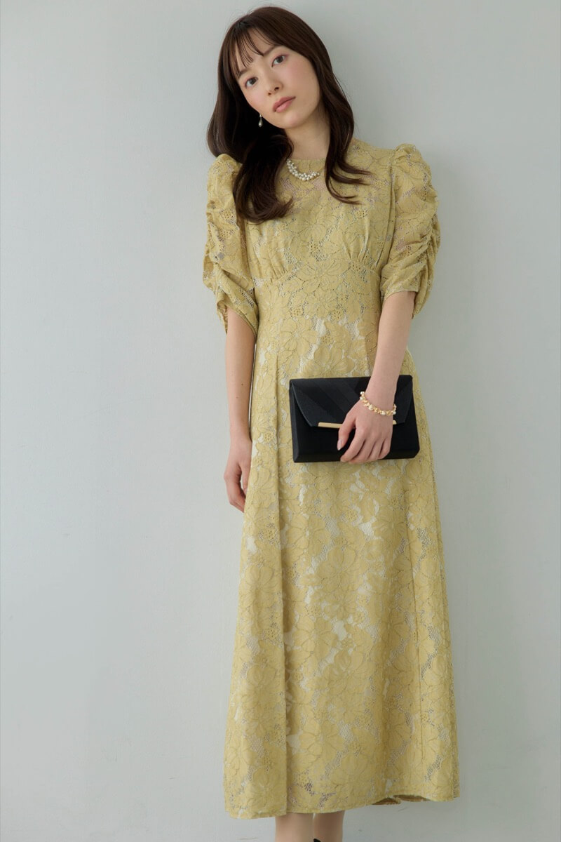 イエローの総レースダブルバックリボンドレスの商品画像8
