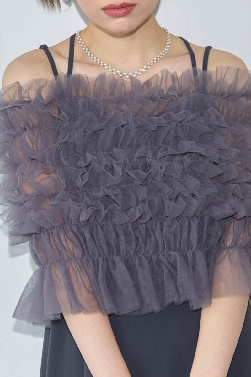 ダークグレーのシャーリングチュールトップス付きドレスの商品画像5 ダークグレーのシャーリングチュールトップス付きドレスの商品画像5