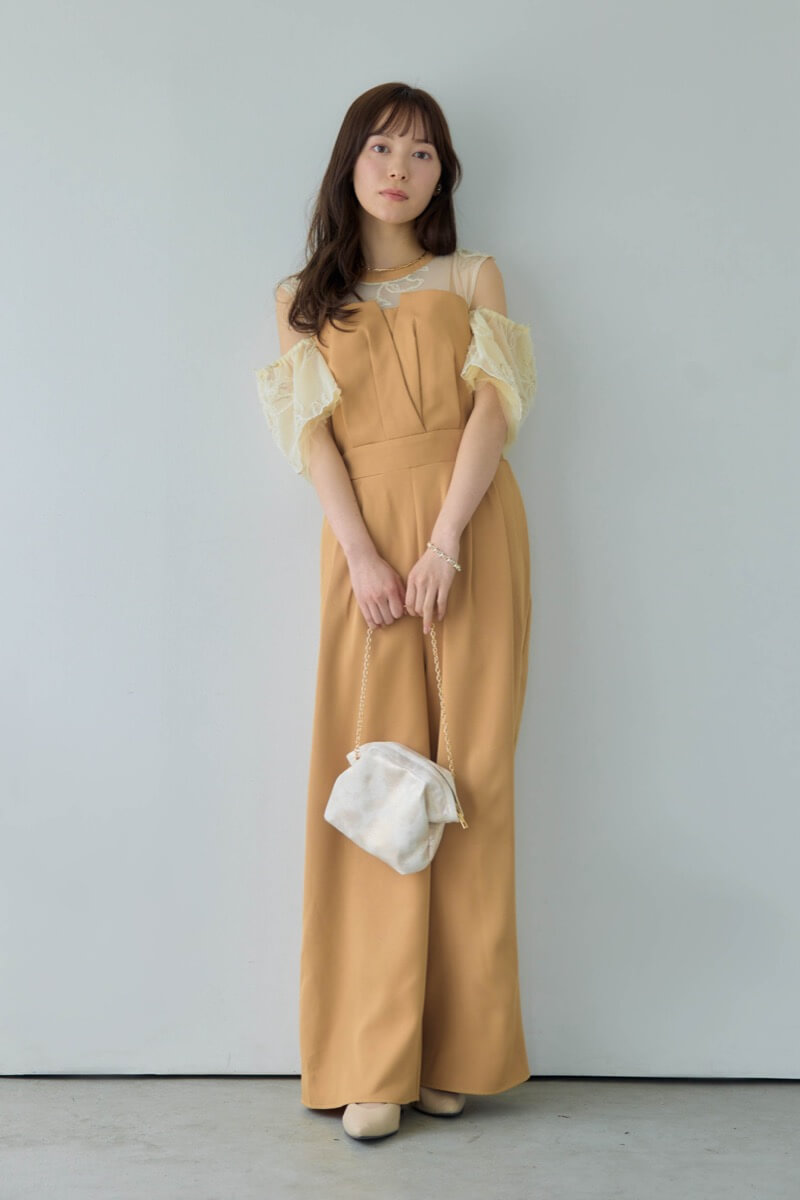 キャメルの2wayフリンジレースドレス