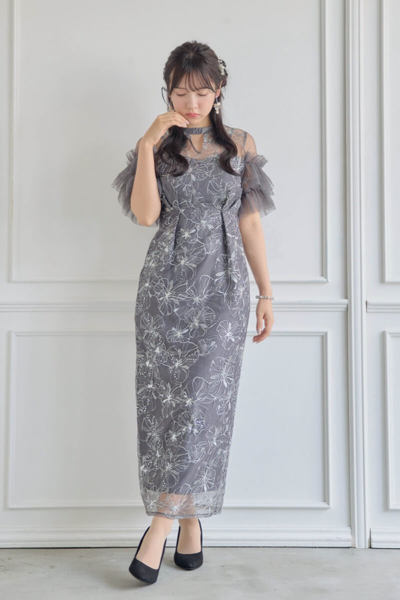 チャコールのスパンコール刺繍レースドレスの商品画像10