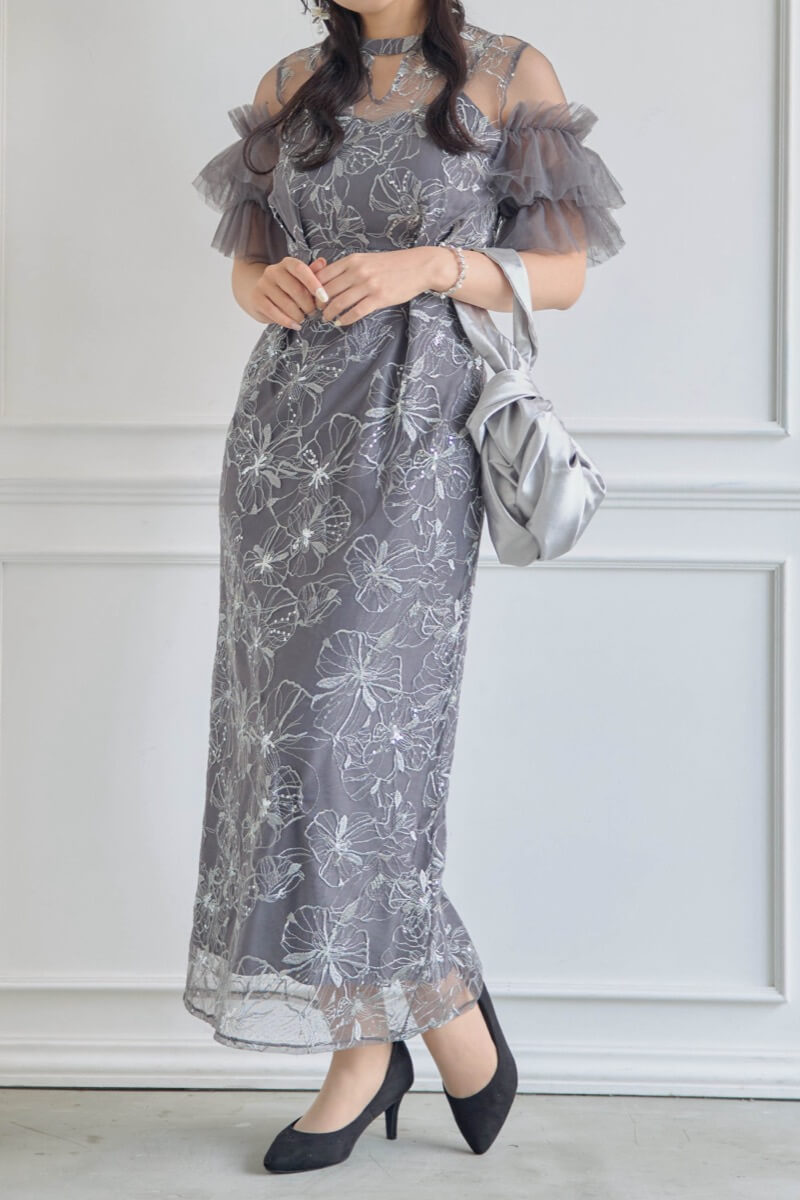 チャコールのスパンコール刺繍レースドレスの商品画像12