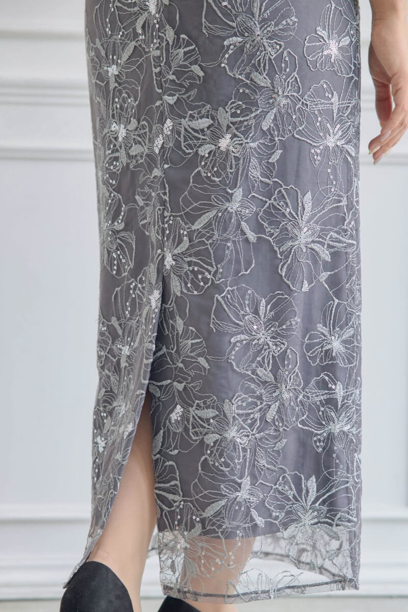チャコールのスパンコール刺繍レースドレスの商品画像7