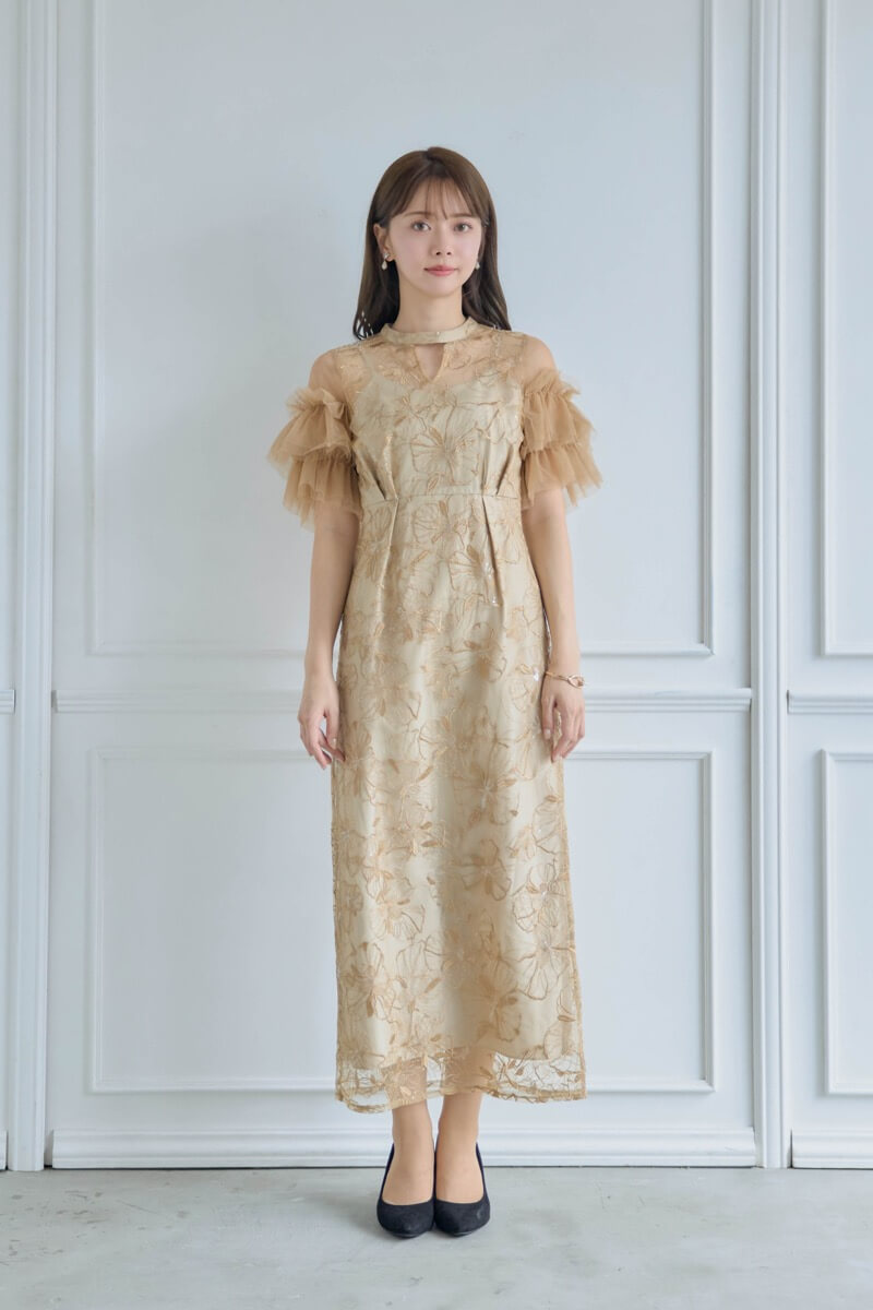 イエローのスパンコール刺繍レースドレス