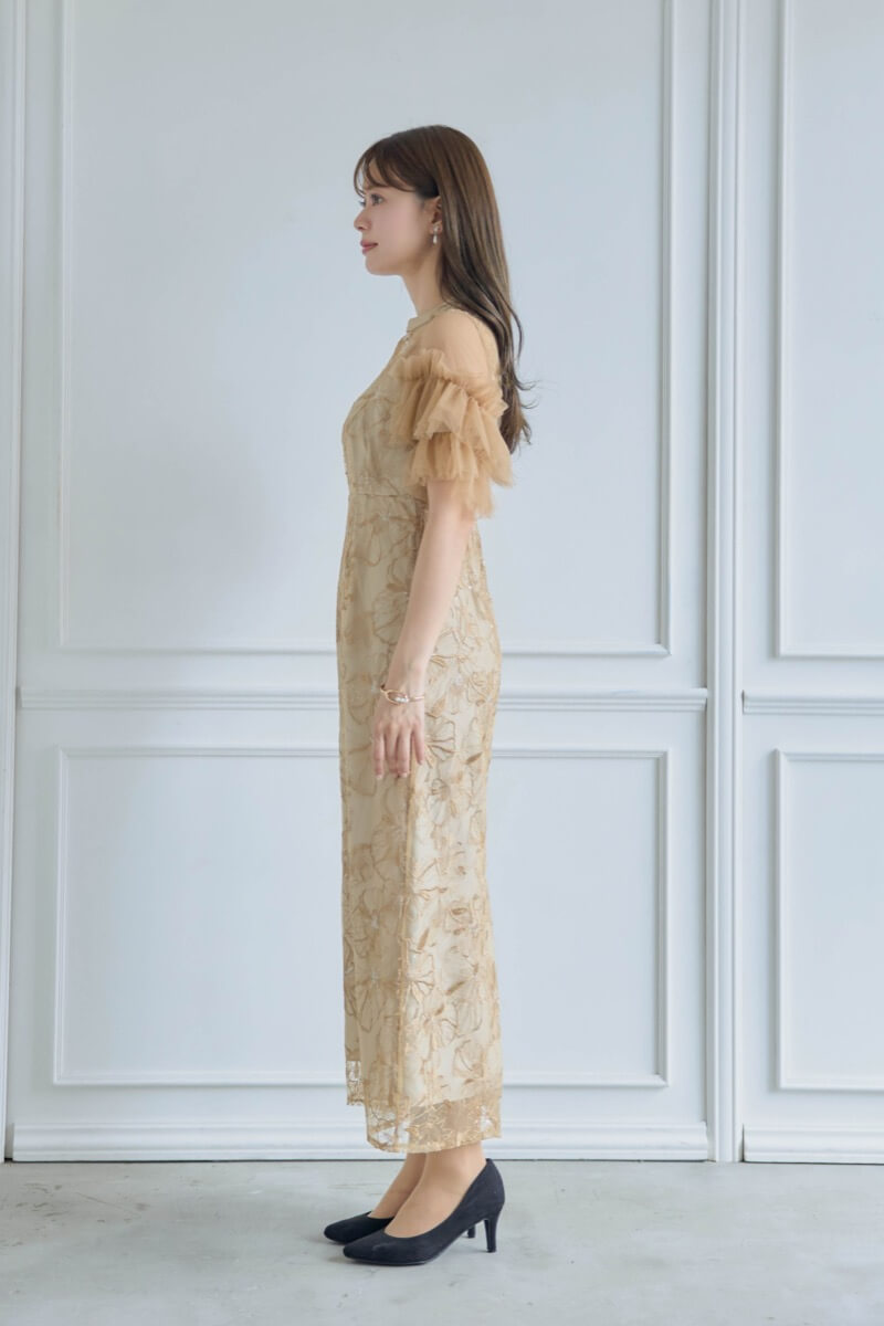 イエローのスパンコール刺繍レースドレスの商品画像3