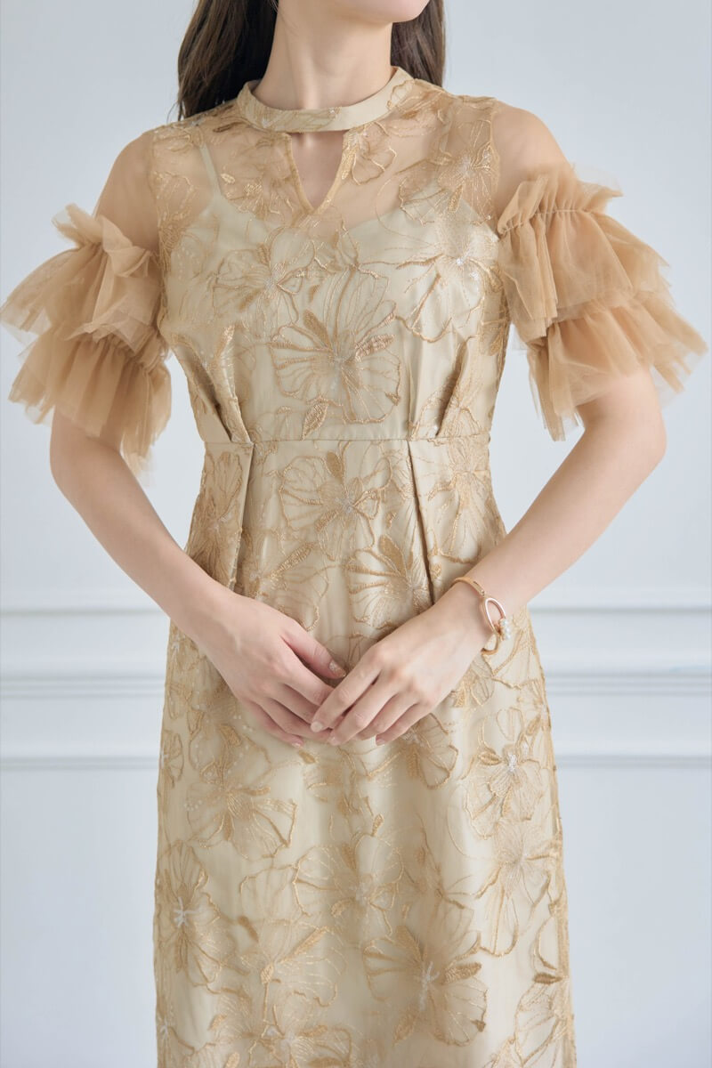 イエローのスパンコール刺繍レースドレスの商品画像5