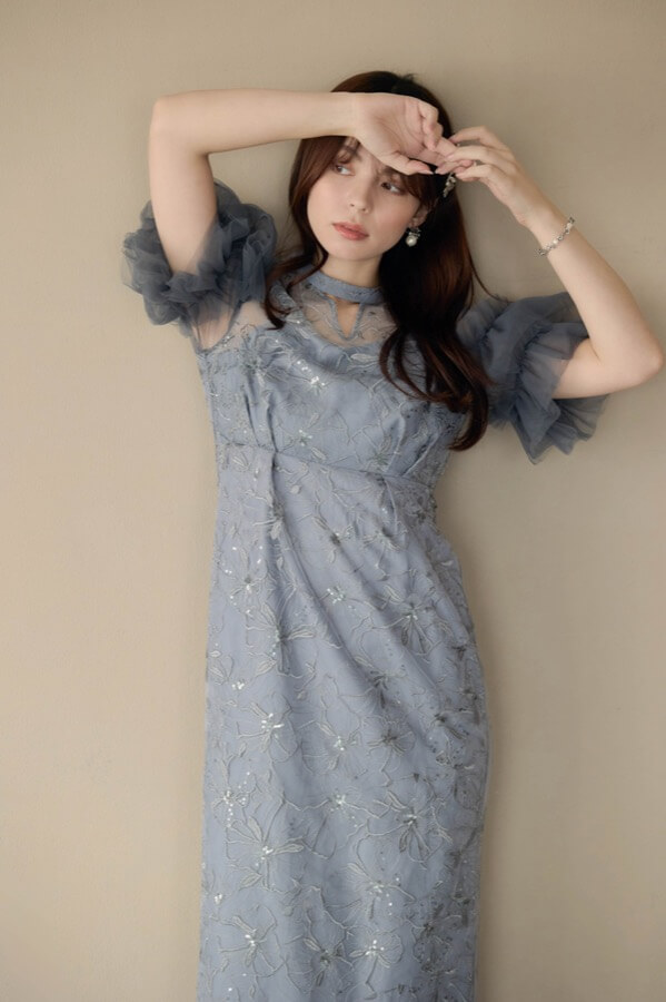 ブルーグレーのスパンコール刺繍レースドレス | ANDRESD | L | A-3039