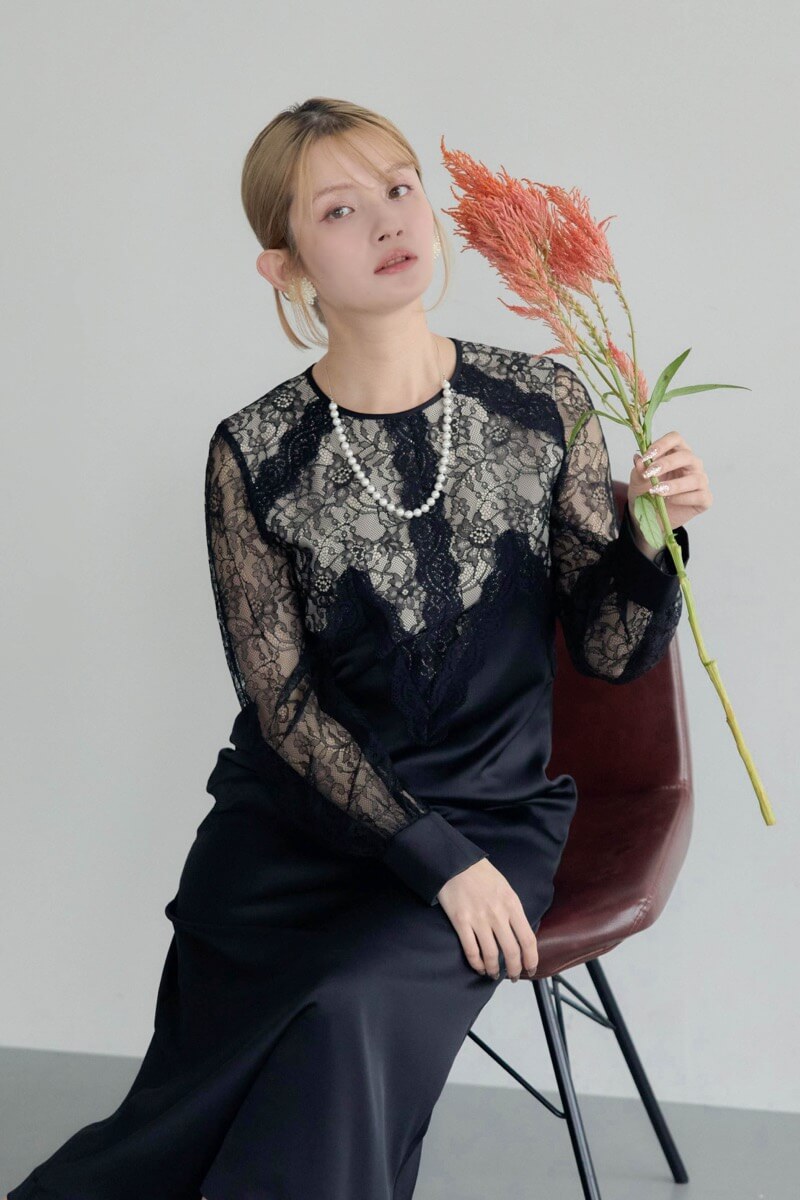 ブラックのフロントデザインレースドレスの商品画像11