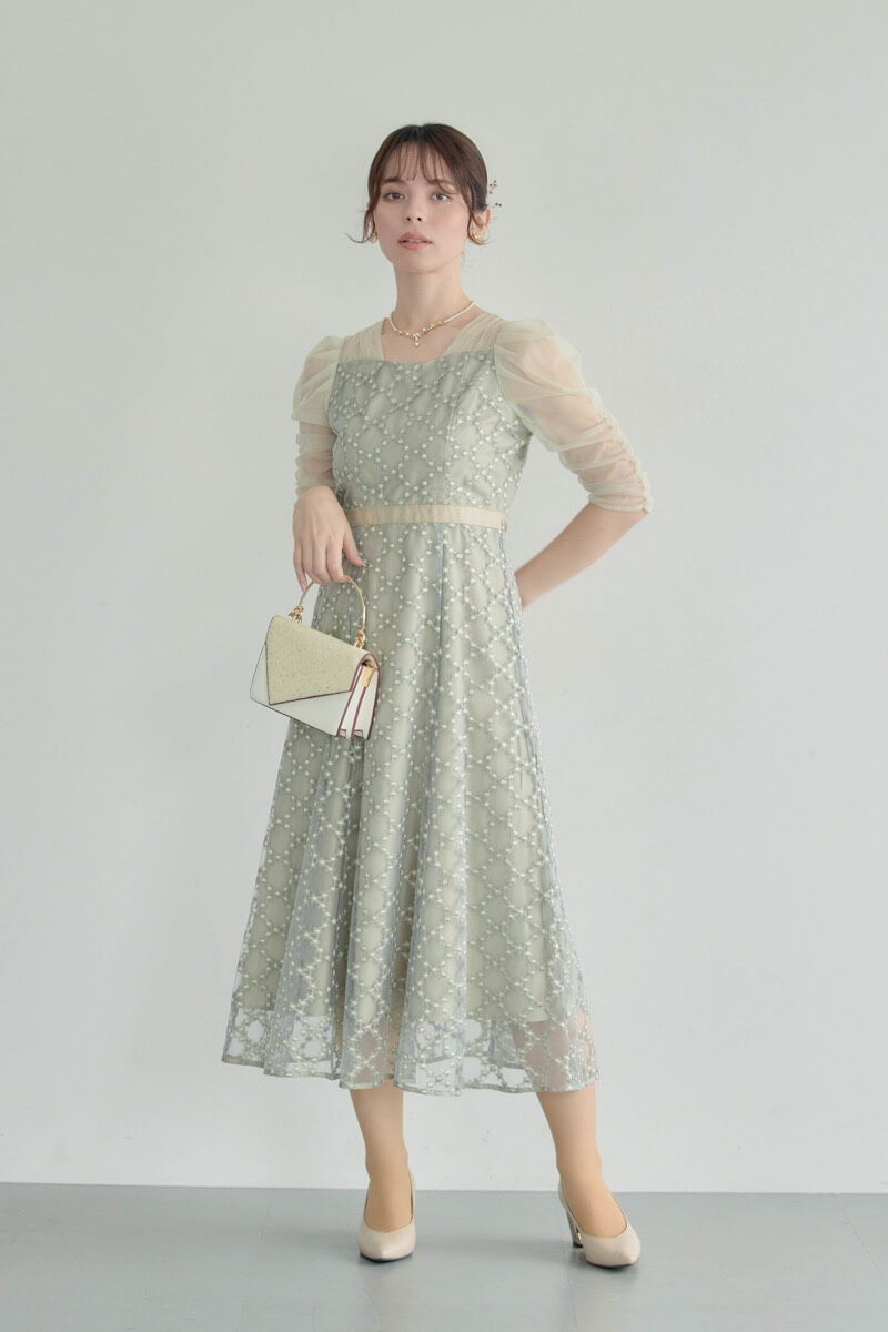 グリーンのダイヤフラワーレースドレスの商品画像12