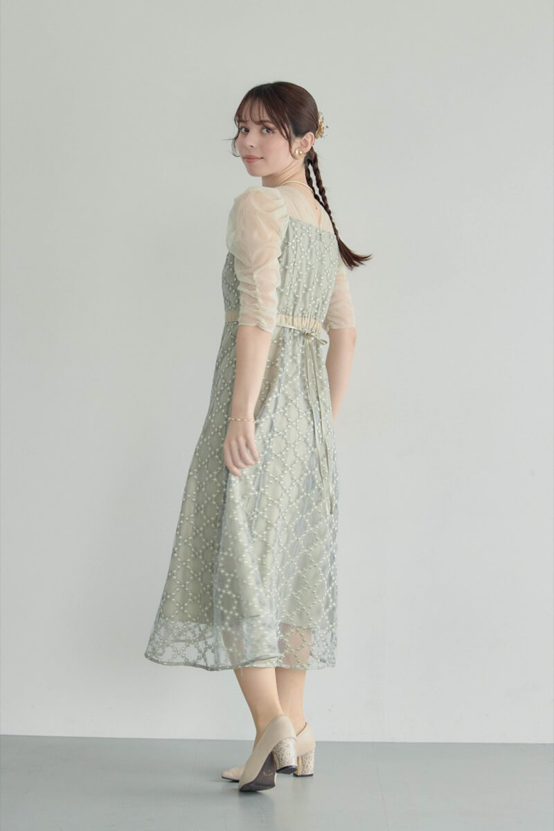 グリーンのダイヤフラワーレースドレスの商品画像13