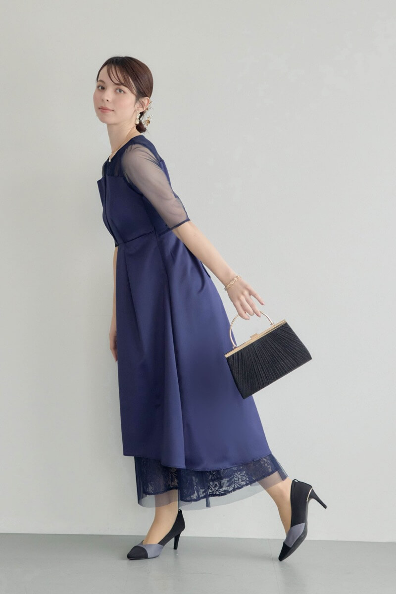 ネイビーのシアーチュールビスチェドレス