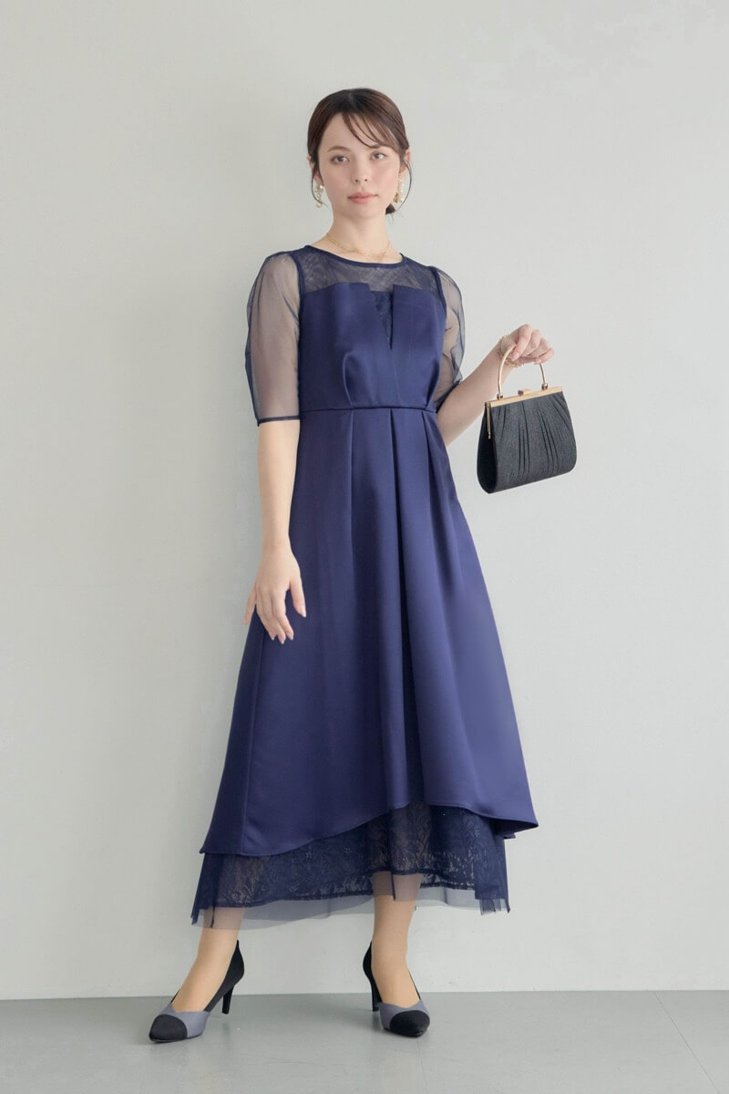 ネイビーのシアーチュールビスチェドレス