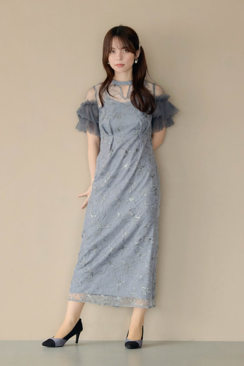 ブルーグレーのスパンコール刺繍レースドレスの商品画像14