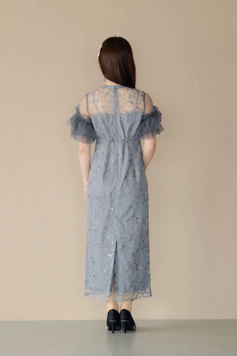 ブルーグレーのスパンコール刺繍レースドレスの商品画像4
