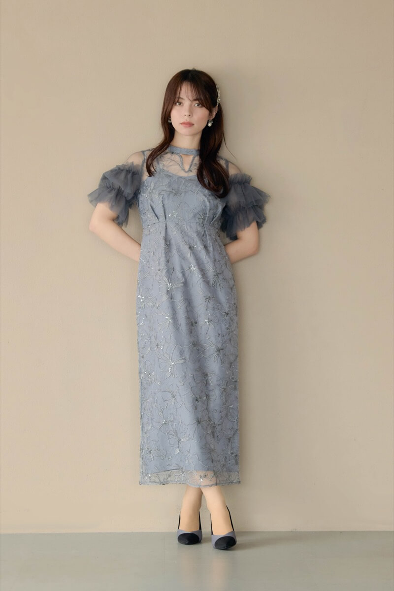 ブルーグレーのスパンコール刺繍レースドレスの商品画像8
