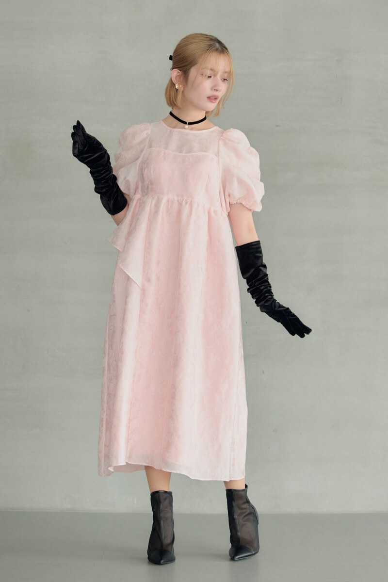 ピンクのバブルスリーブジャガードドレスの商品画像15