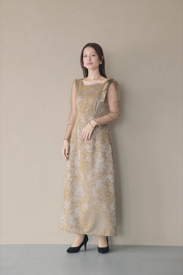 ブラウンのショルダーリボンジャガードドレス | LE' RURE | M | A-3098