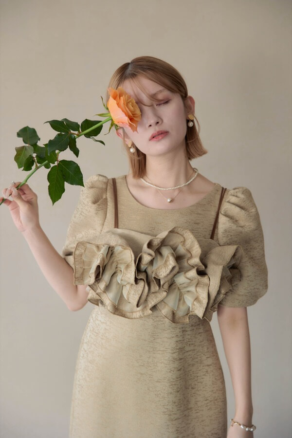 ベージュのフリルビスチェジャガードドレス | LE' RURE | M | A-3106