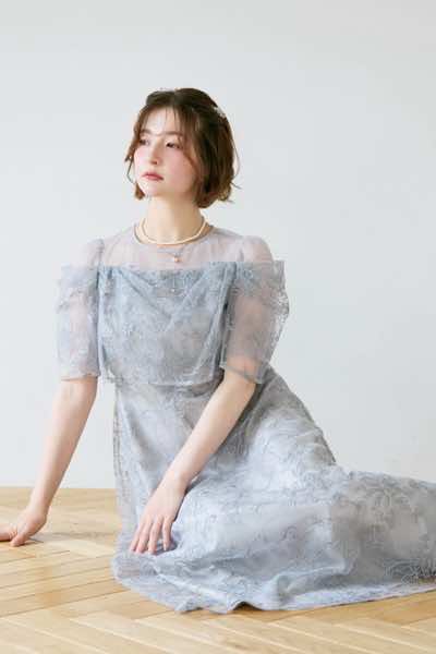 ブルーグレーのドレープラメ刺繍ドレス | metoi | M | A-3135