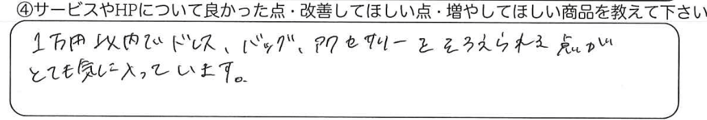 1万円以内でドレス、バッグ、アクセサリーをそろえられる点がとても気に入っています。